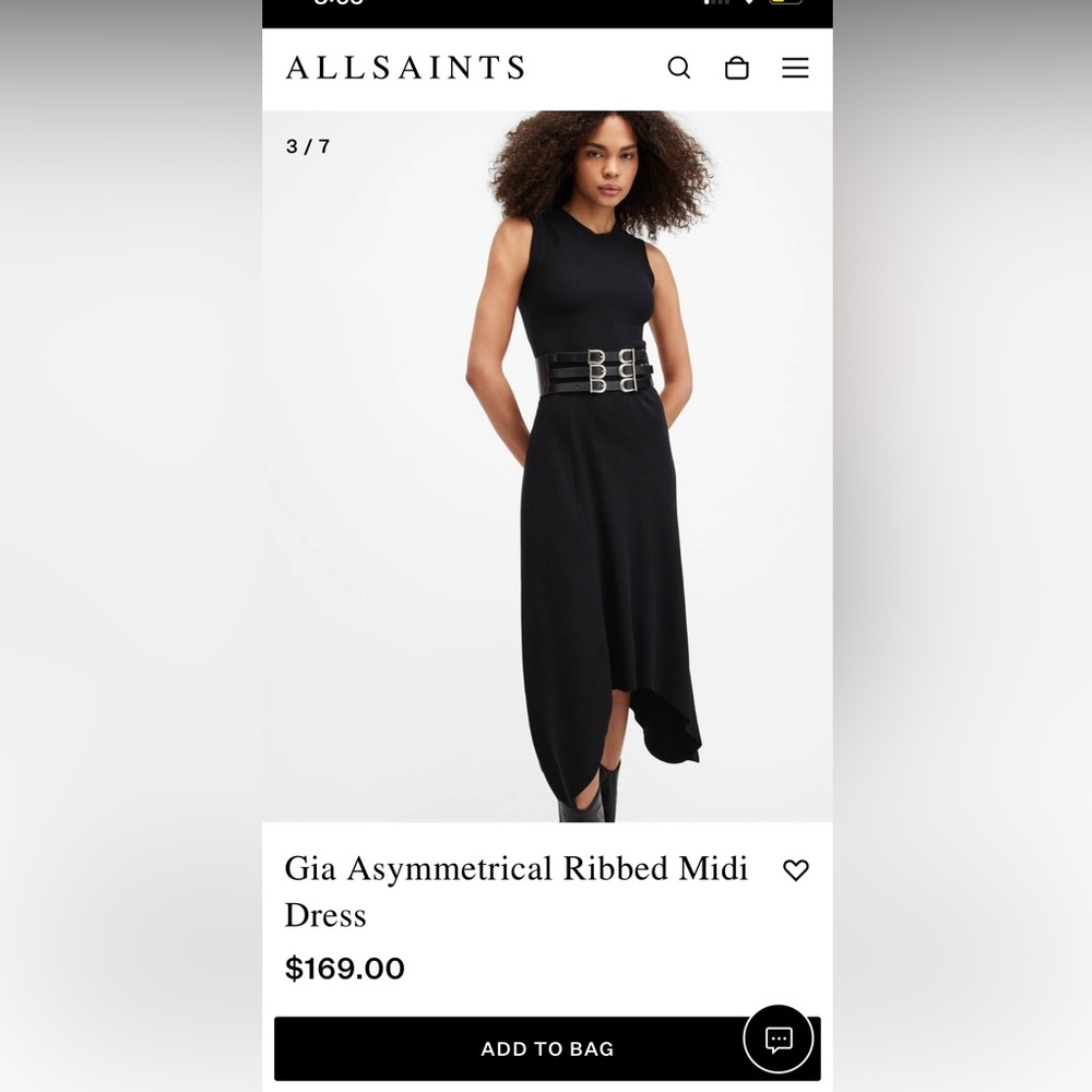 All saints Gia Asymmetrical Ribbed Midi Dress
Black US size 6